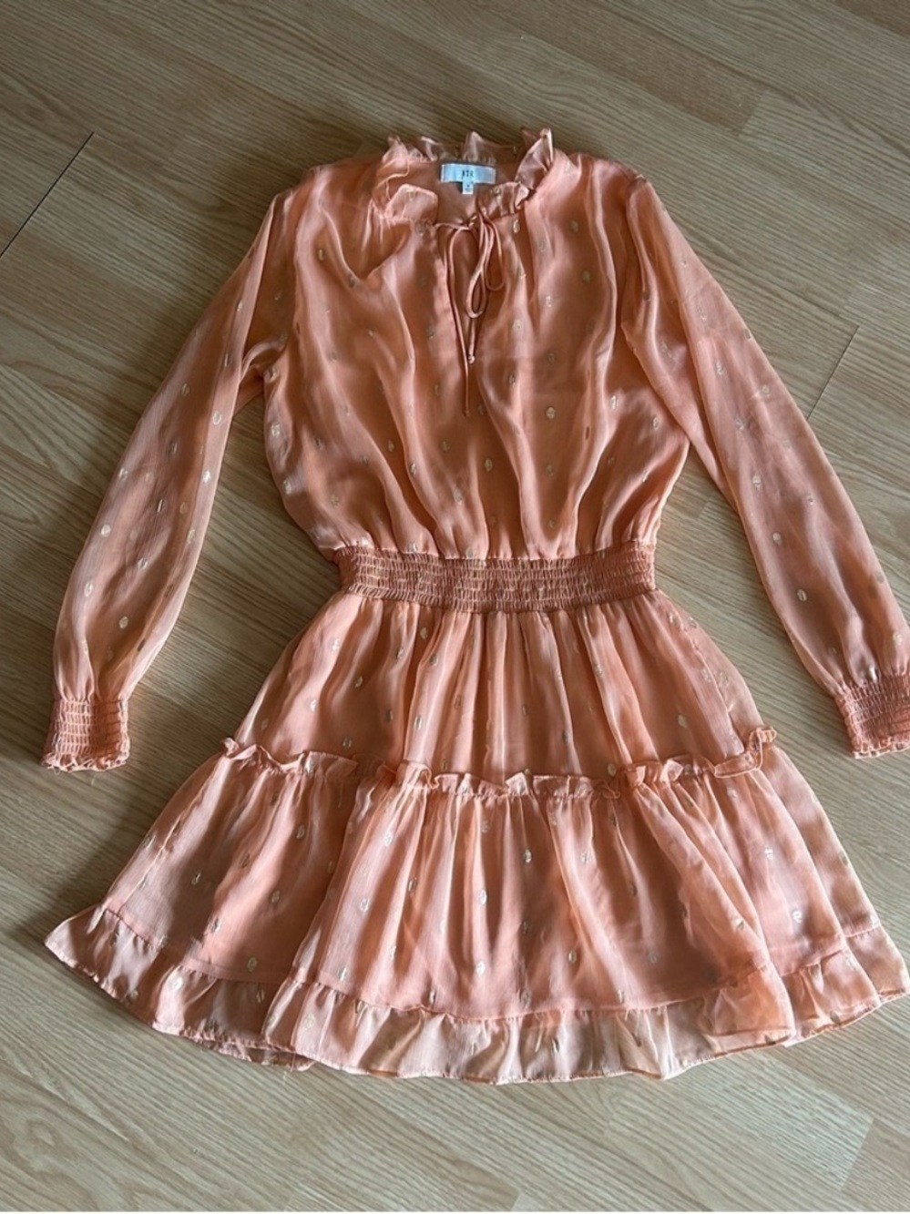 NSR Blush Peach Gold Ruffle Smocked Dress Small